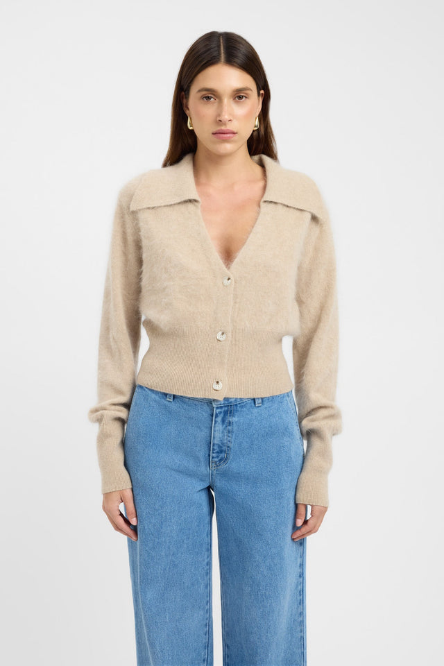 front Geneva Polo Jumper Kookai V Neck Relaxed beige womens-jumpers