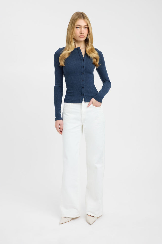 Showcasing the Bec Button Long Sleeve Top in womens-blouse with fitted silhouette, v-neck, teal hue, and full straight sleeves front