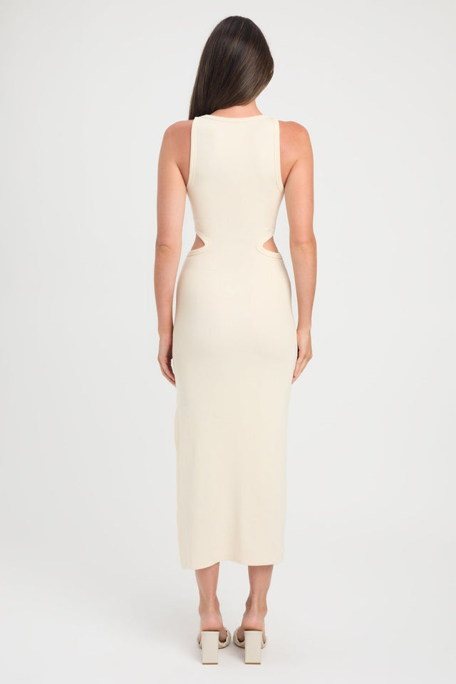 front Renee Midi Dress Kookai Straight Midi Fitted Scoopneck beige womens-dresses 
