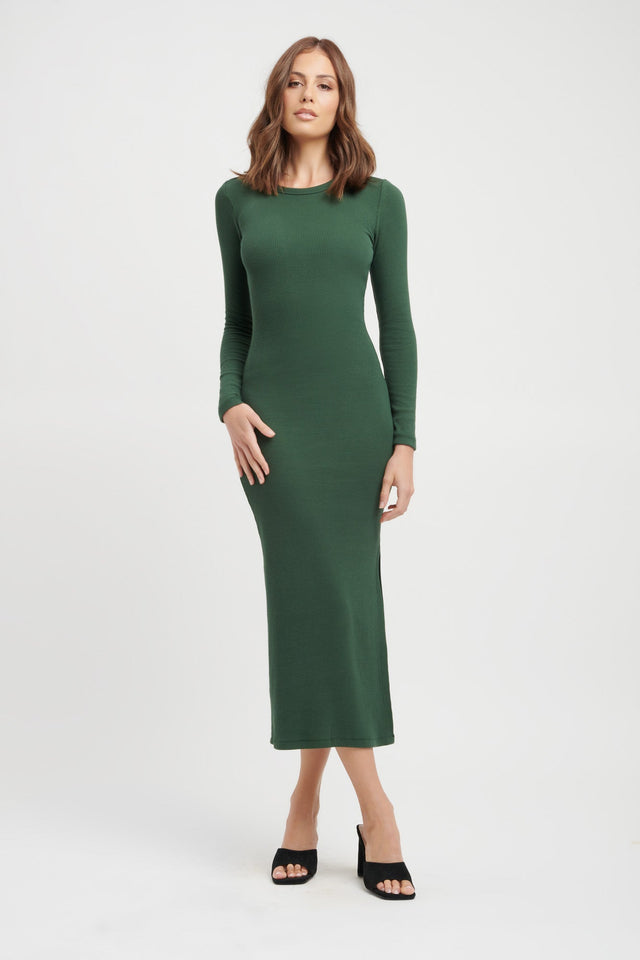 product Priya Long Sleeve Dress Kookai Straight Midi Fitted Roundneck dark green womens-dresses 