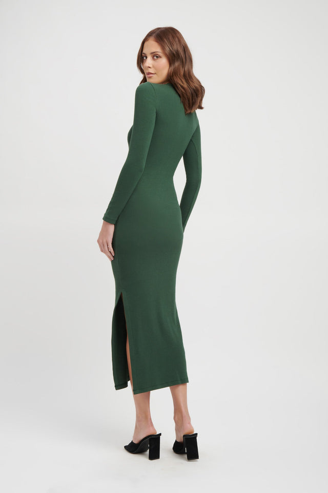 front Priya Long Sleeve Dress Kookai Straight Midi Fitted Roundneck dark green womens-dresses 