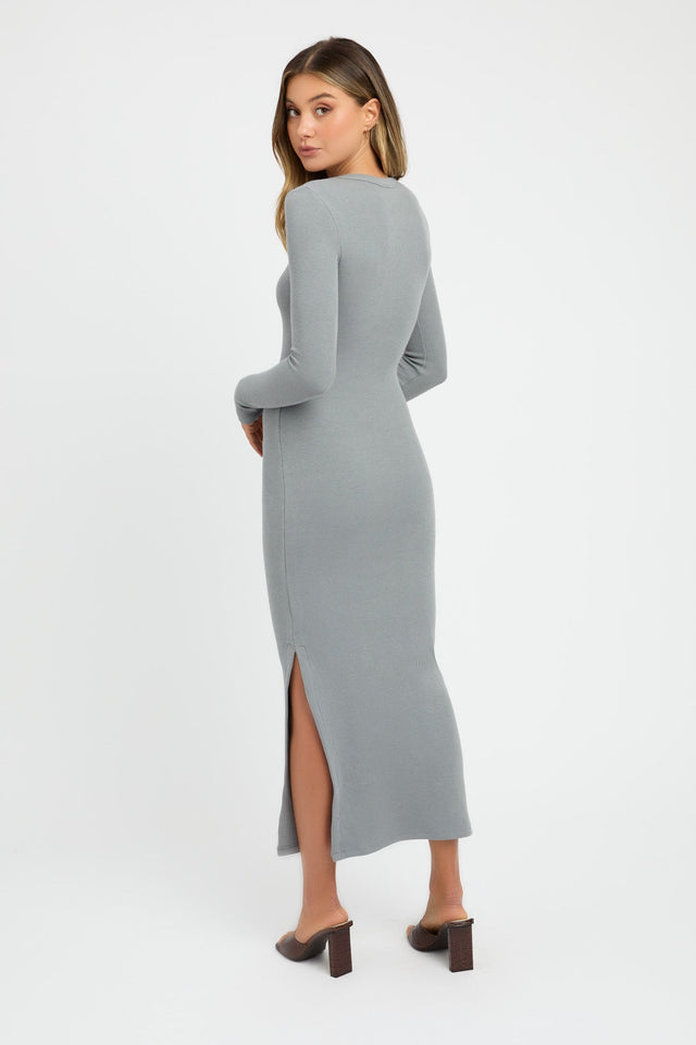 front Priya Long Sleeve Dress Kookai Straight Midi Fitted Roundneck dark grey womens-dresses 