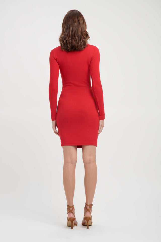 front Nalla Bind Long Sleeve Dress Kookai Bodycon Mini Fitted Scoopneck red womens-dresses 