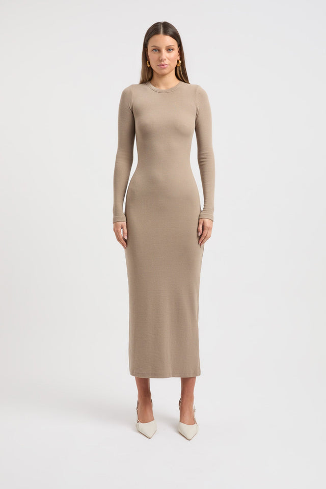 product Sunday Long Sleeve Dress Kookai Bodycon Midi Fitted Roundneck beige womens-dresses 
