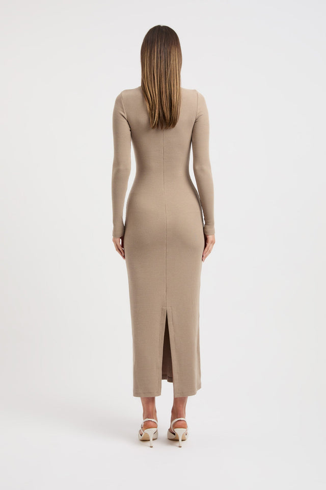 product Sunday Long Sleeve Dress Kookai Bodycon Midi Fitted Roundneck beige womens-dresses 