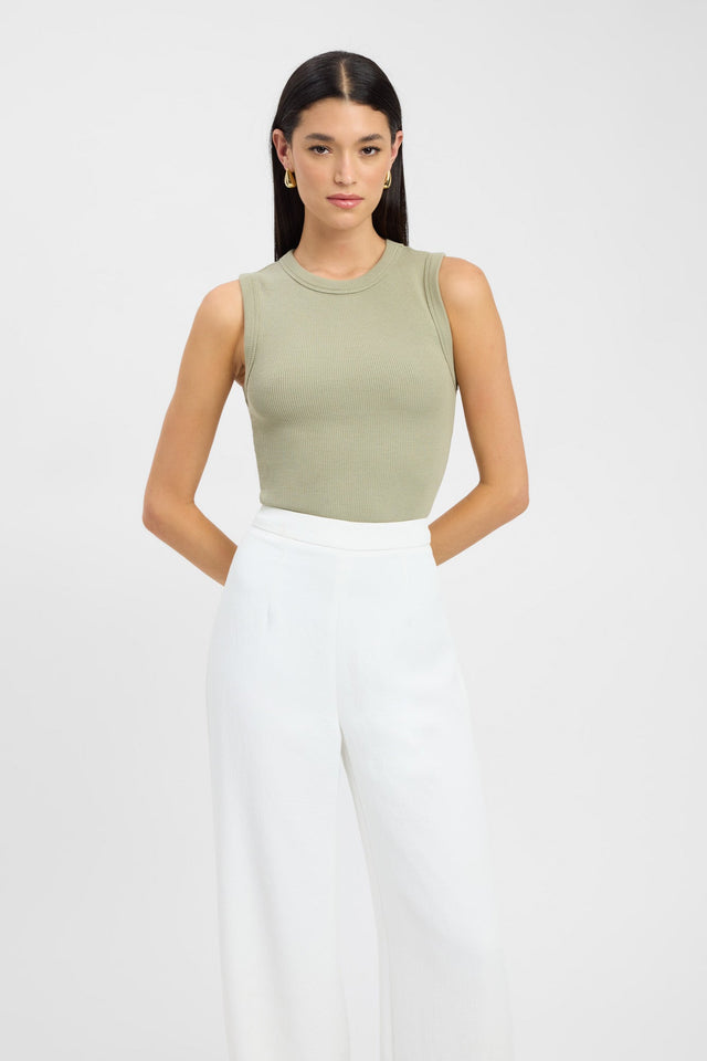front Theodore Tank Kookai Fitted Round olive womens-singlets 