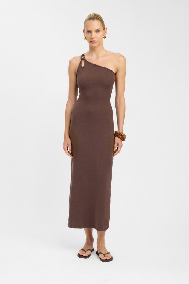 side Tawney Dress Kookai Bodycon Maxi Fitted Asymmetry brown womens-dresses 