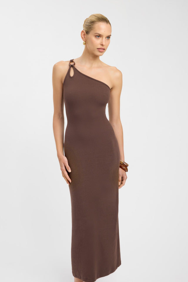 front Tawney Dress Kookai Bodycon Maxi Fitted Asymmetry brown womens-dresses 