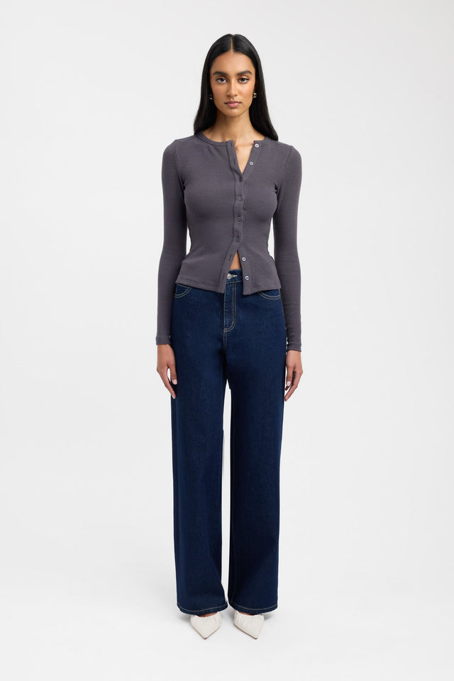side Bec Button Long Sleeve Top Kookai Fitted Roundneck Long sleeve Womens-Blouse 