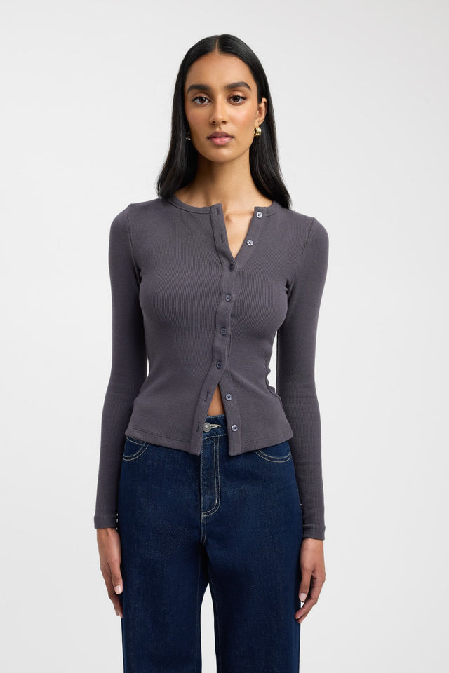 front Bec Button Long Sleeve Top Kookai Fitted Roundneck Long sleeve Womens-Blouse 