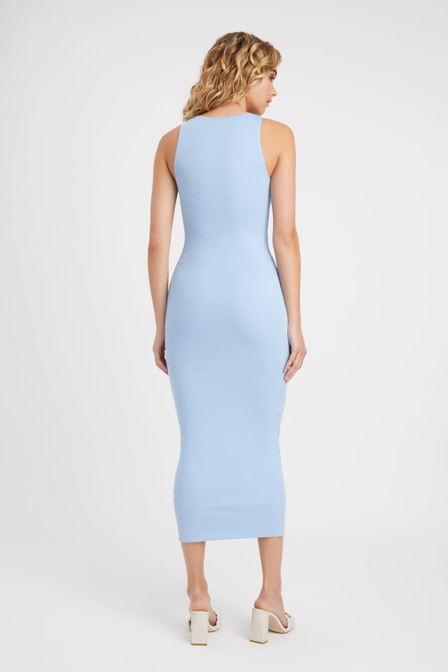 front Chloe Dress Kookai Bodycon Midi Fitted Roundneck blue womens-dresses 