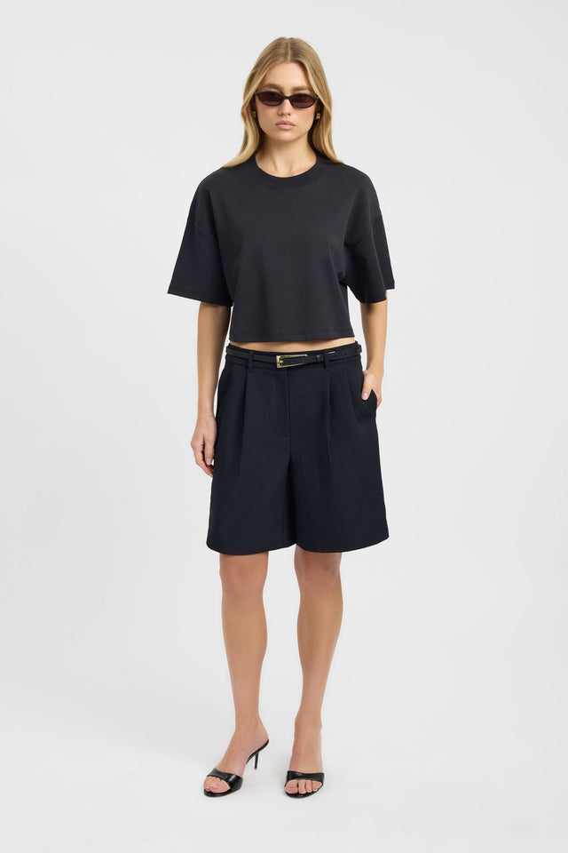 Designed with the Halo Cropped Tee womens blouse in black featuring oversized fit, round neckline and short sleeves on-body