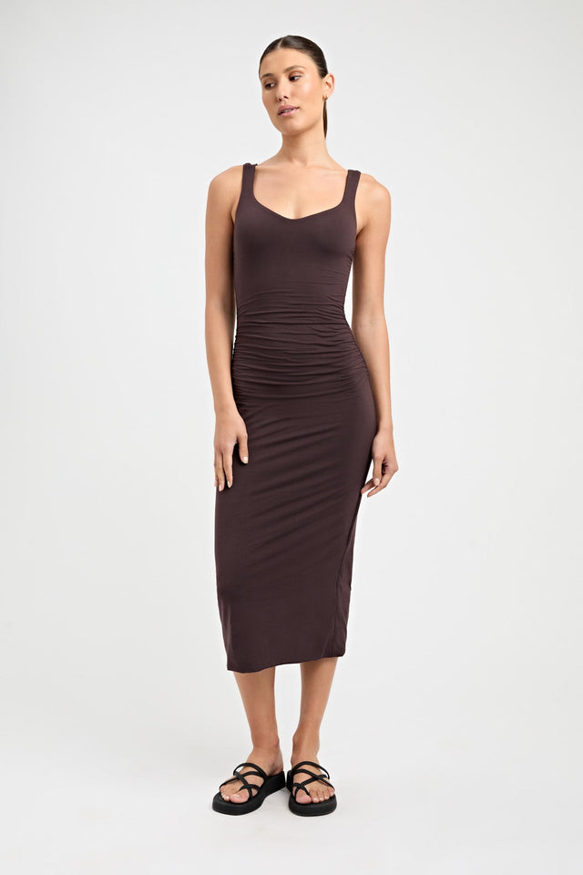 product Brittney Deep Vee Dress Kookai Bodycon Midi Fitted V-neck brown womens-dresses 
