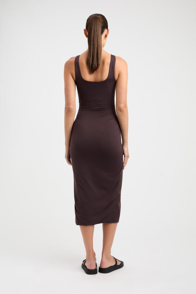 front Brittney Deep Vee Dress Kookai Bodycon Midi Fitted V-neck brown womens-dresses 