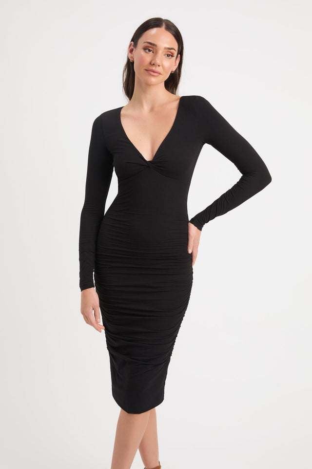 product Claire Long Sleeve Dress Kookai Bodycon Knee length Fitted Plungeneck black womens-dresses 