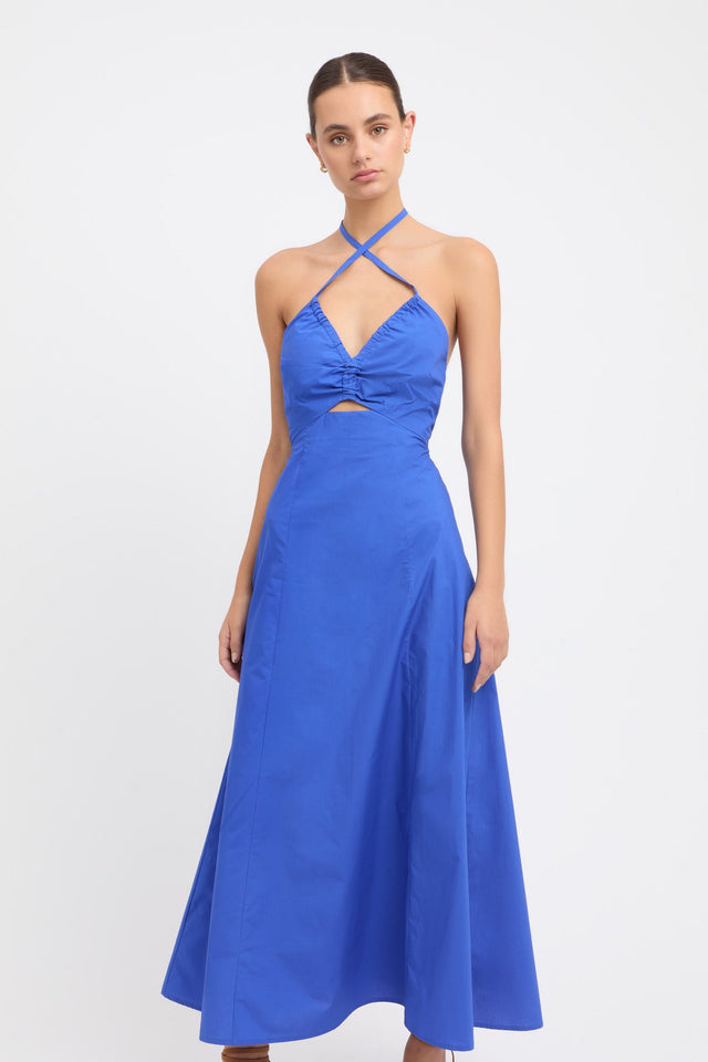 product Poplin Halter Dress Kookai Aline Maxi Relaxed Plungeneck blue womens-dresses 