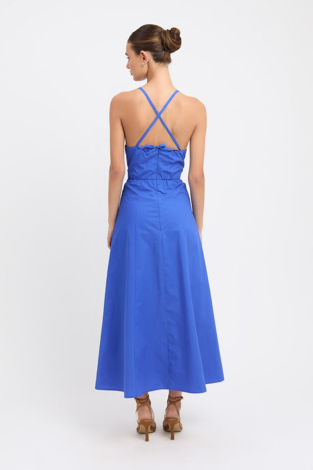 front Poplin Halter Dress Kookai Aline Maxi Relaxed Plungeneck blue womens-dresses 
