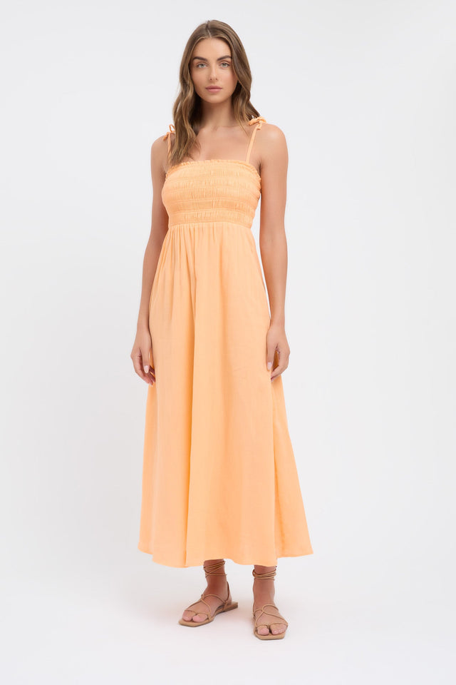 product Georgette Day Dress Kookai Fit-and-flare Midi Relaxed Squareneck orange womens-dresses 
