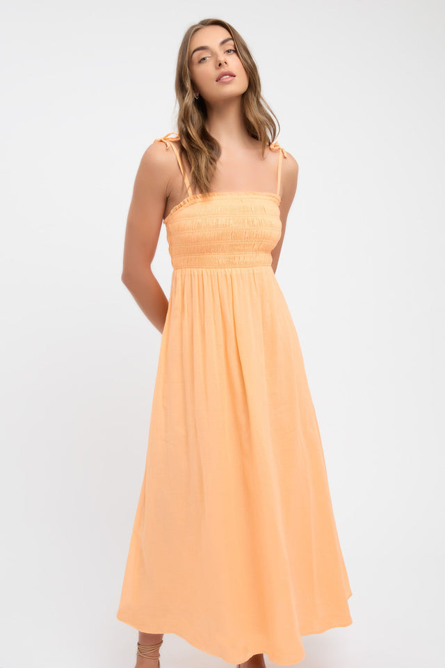 product Georgette Day Dress Kookai Fit-and-flare Midi Relaxed Squareneck orange womens-dresses 