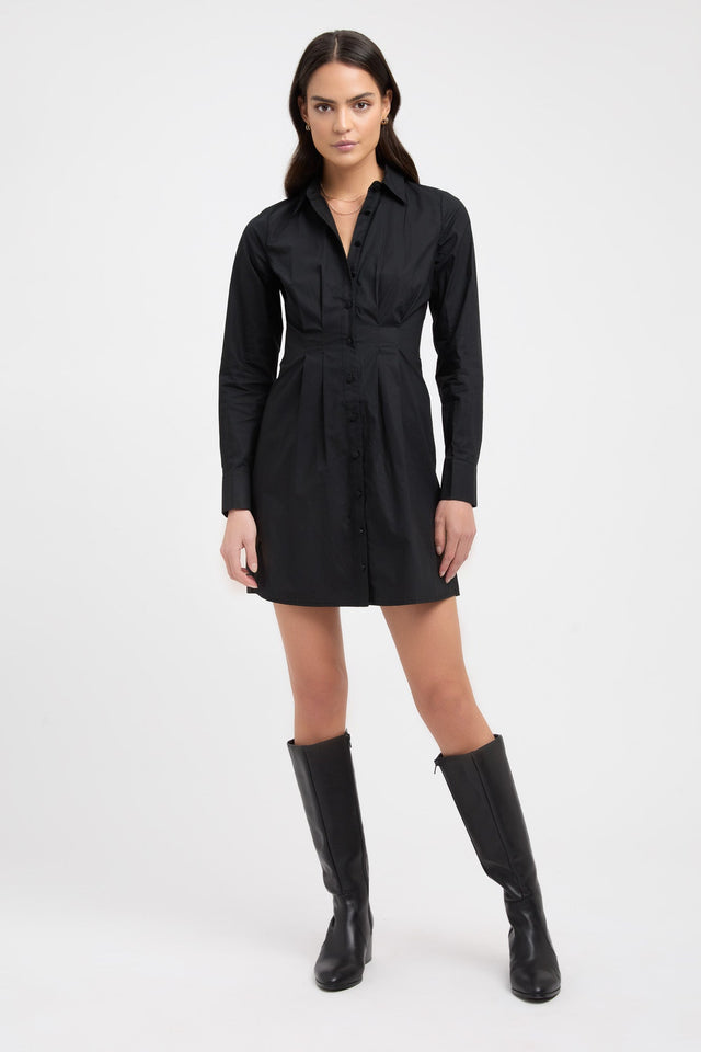 product Poplin Tuck Shirt Dress Kookai Straight Mini Relaxed V-neck black womens-dresses 
