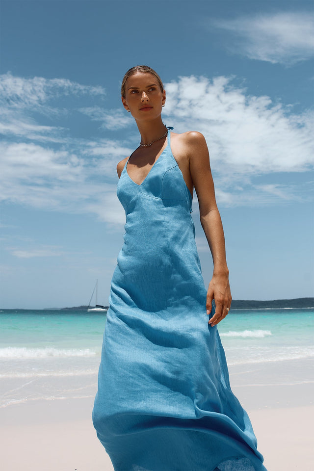 product Tahiti Tied Halter Dress Kookai Aline Maxi Relaxed Plungeneck blue womens-dresses 