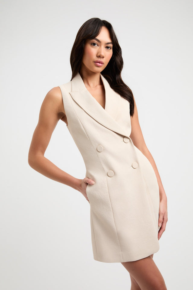 product Oyster Sleeveless Blazer Dress Kookai Straight Mini Relaxed V-neck beige womens-dresses 