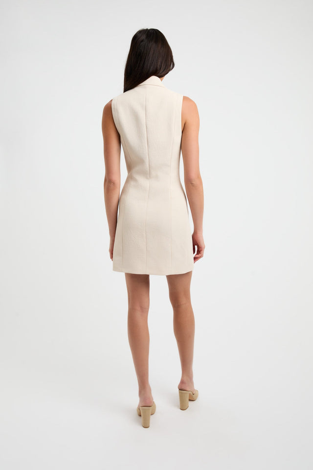 front Oyster Sleeveless Blazer Dress Kookai Straight Mini Relaxed V-neck beige womens-dresses 