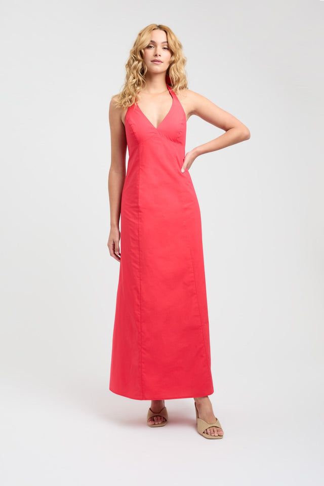 product Poplin Vee Halter Dress Kookai Aline Maxi Relaxed Plungeneck red womens-dresses 