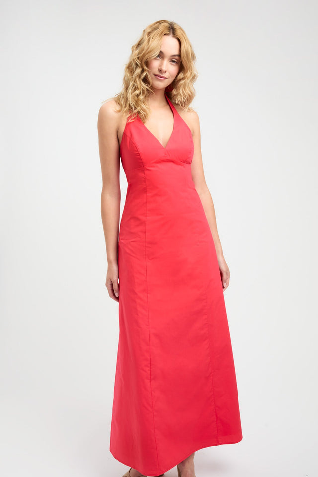 product Poplin Vee Halter Dress Kookai Aline Maxi Relaxed Plungeneck red womens-dresses 