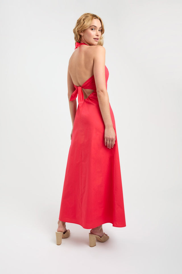 front Poplin Vee Halter Dress Kookai Aline Maxi Relaxed Plungeneck red womens-dresses 