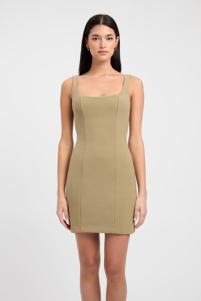 front Aurora Core Mini Dress Kookai Bodycon Mini Fitted Squareneck olive womens-dresses 