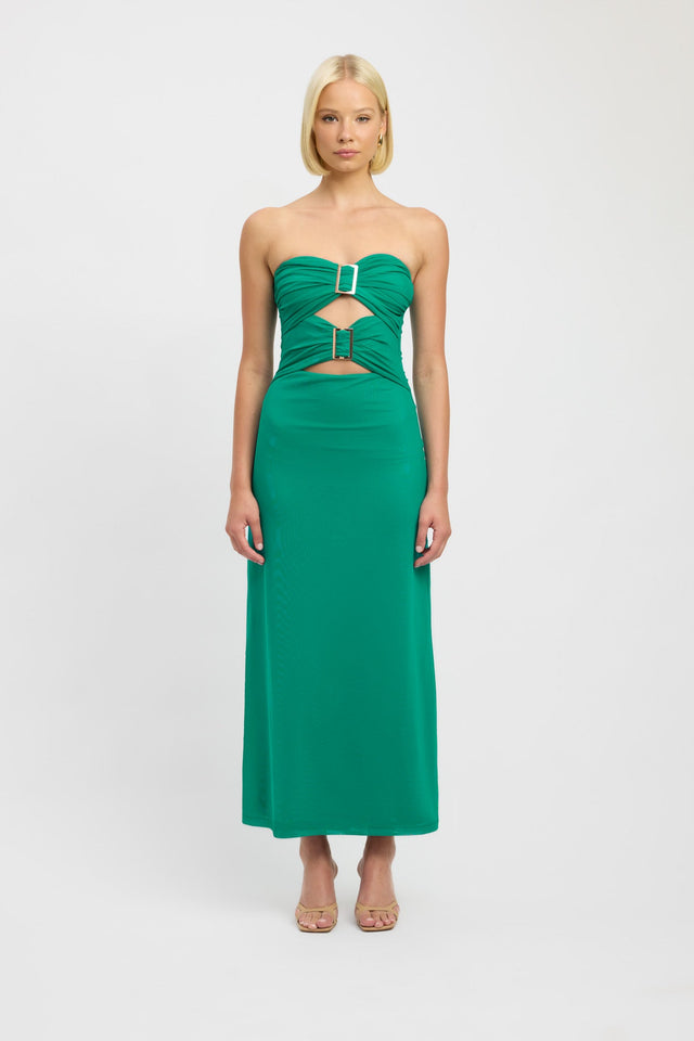 product Bolt Buckle Dress Kookai Straight Maxi Fitted Sweetheart deep green womens-dresses 