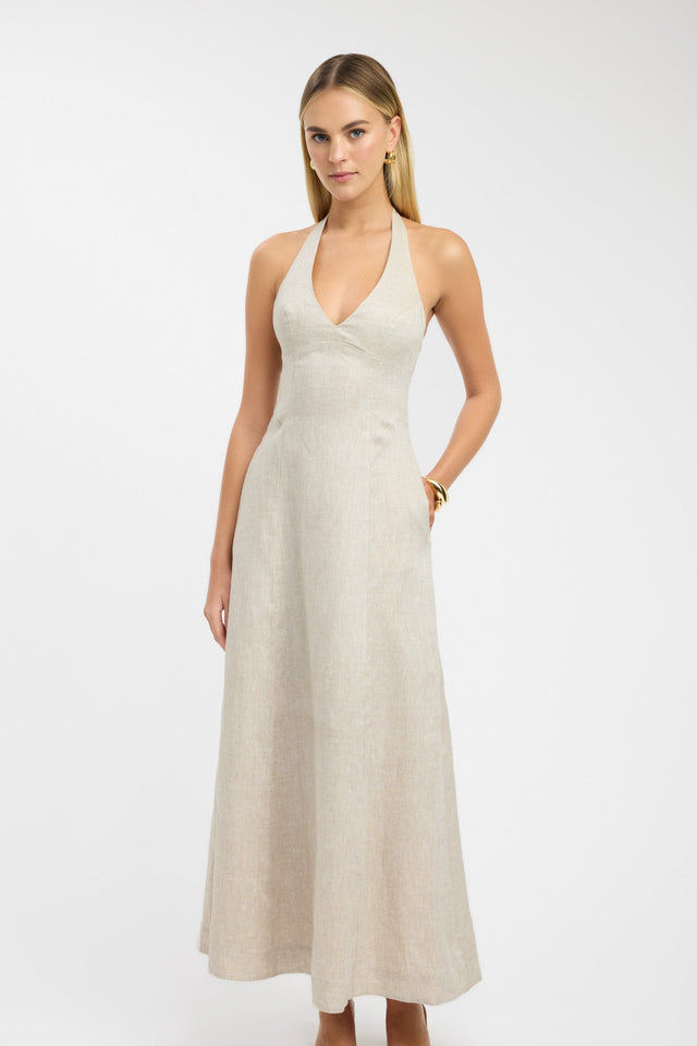 front Tahiti Halter Maxi Dress Kookai Fit-and-flare Maxi Fitted Plungeneck brown womens-dresses 