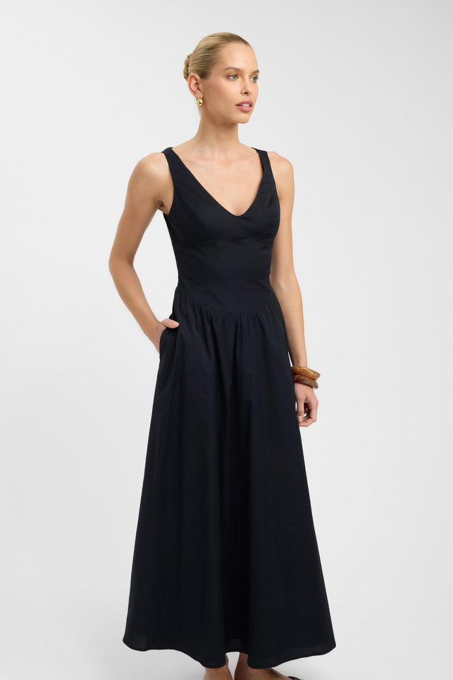 front Naples Bodice Dress Kookai Aline Maxi Fitted V-neck black womens-dresses 