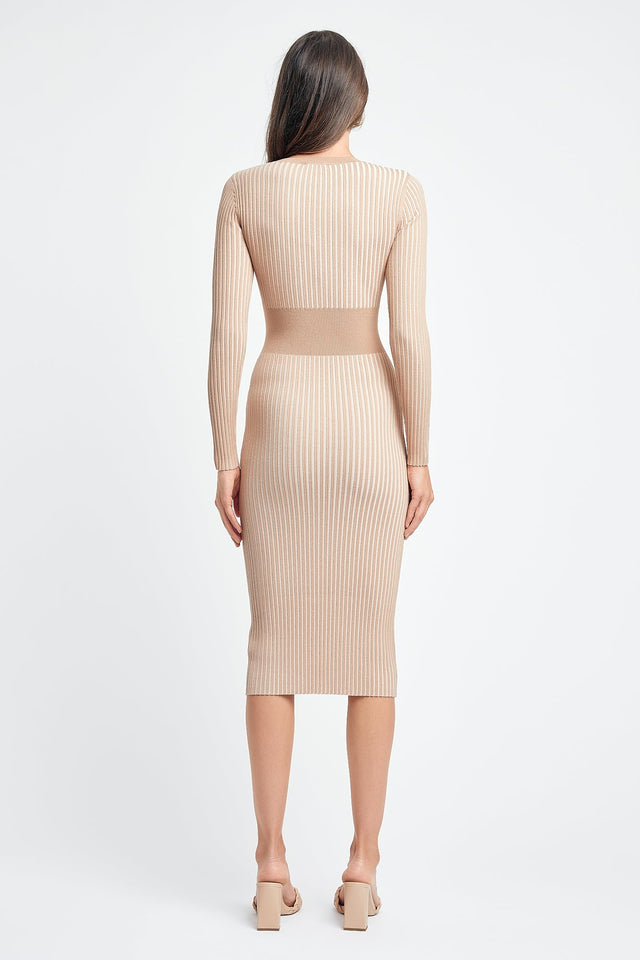 front Sadie Crew Neck Belted Dress Kookai Straight Knee length Fitted Highneck beige womens-dresses 