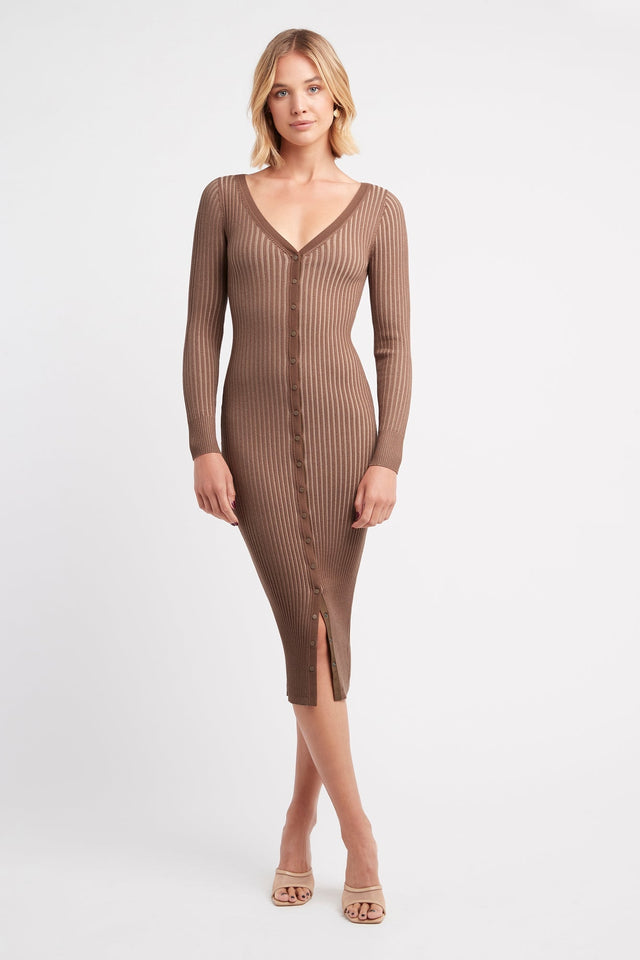 product Sadie Button Midi Dress Kookai Straight Knee length Fitted V-neck brown womens-dresses 