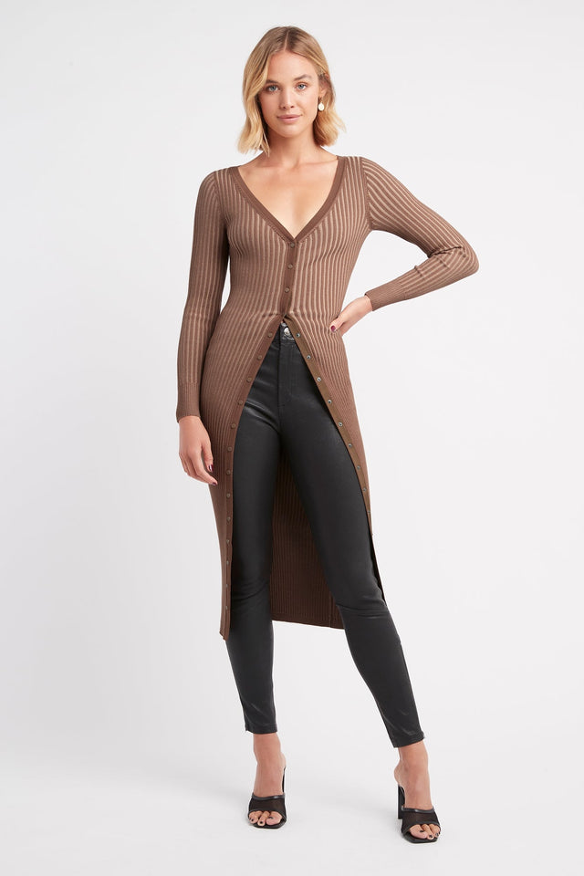 product Sadie Button Midi Dress Kookai Straight Knee length Fitted V-neck brown womens-dresses 