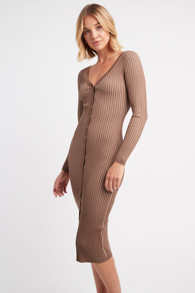 front Sadie Button Midi Dress Kookai Straight Knee length Fitted V-neck brown womens-dresses 