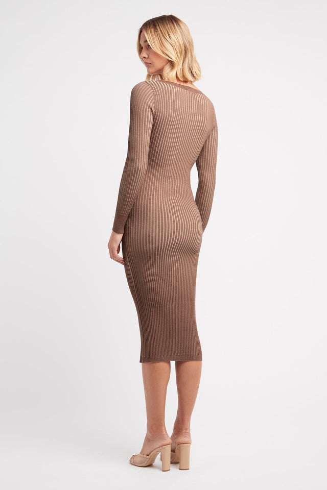 product Sadie Button Midi Dress Kookai Straight Knee length Fitted V-neck brown womens-dresses 