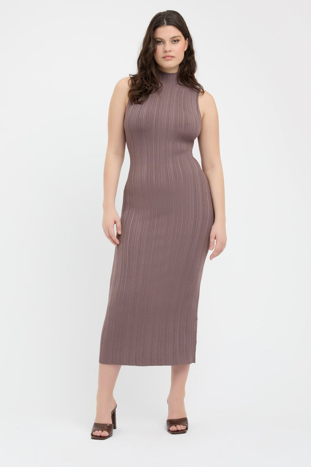 front Raisa Funnel Midi Dress Kookai Straight Midi Fitted Highneck brown womens-dresses 