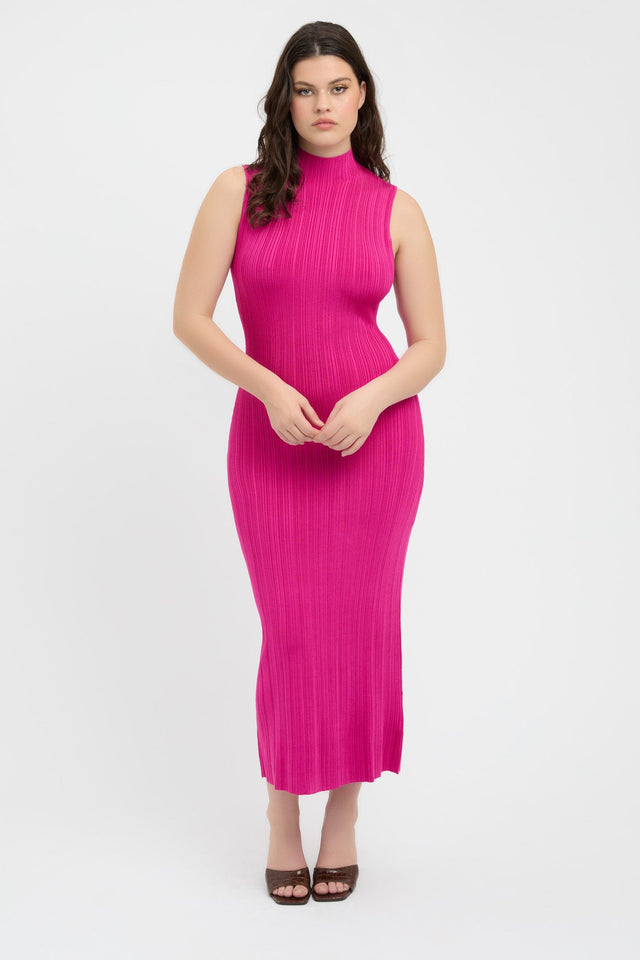 front Raisa Funnel Midi Dress Kookai Bodycon Midi Fitted Highneck pink womens-dresses 