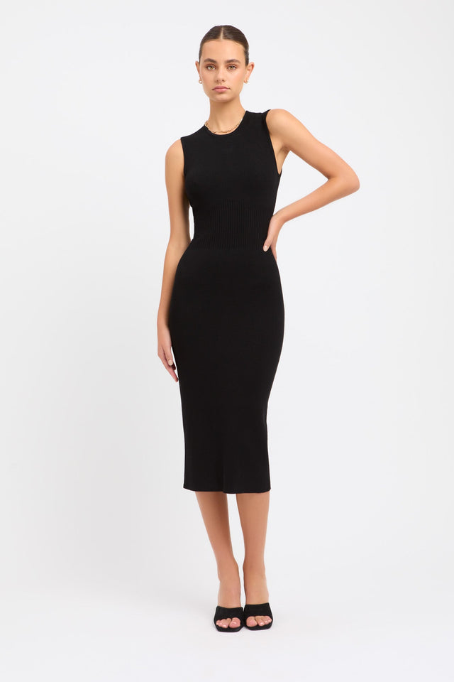 product Snowden Rib Corset Dress Kookai Bodycon Midi Fitted Roundneck black womens-dresses 