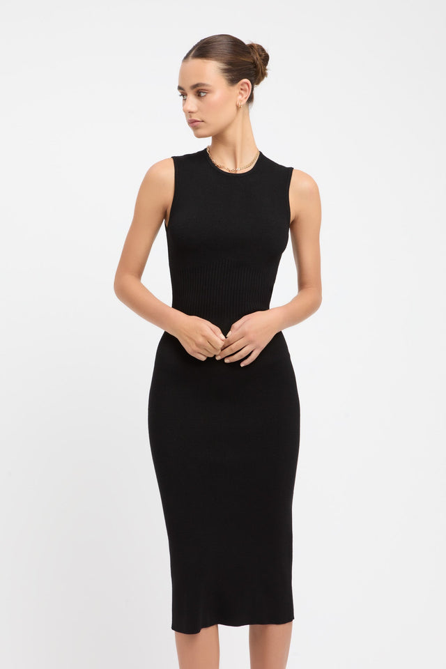 product Snowden Rib Corset Dress Kookai Bodycon Midi Fitted Roundneck black womens-dresses 