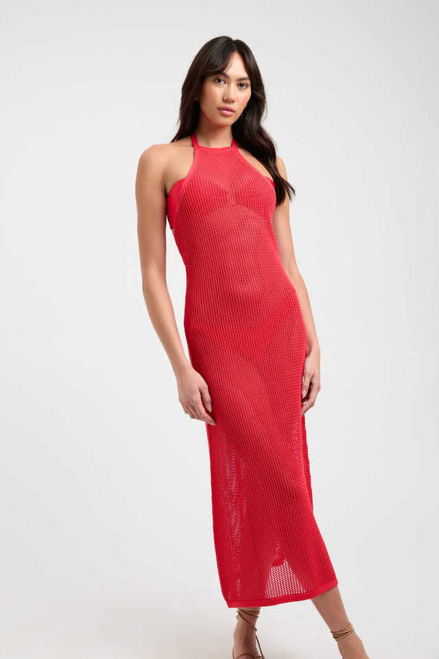 front Pascha Midi Dress Kookai Straight Midi Fitted Highneck red womens-dresses 