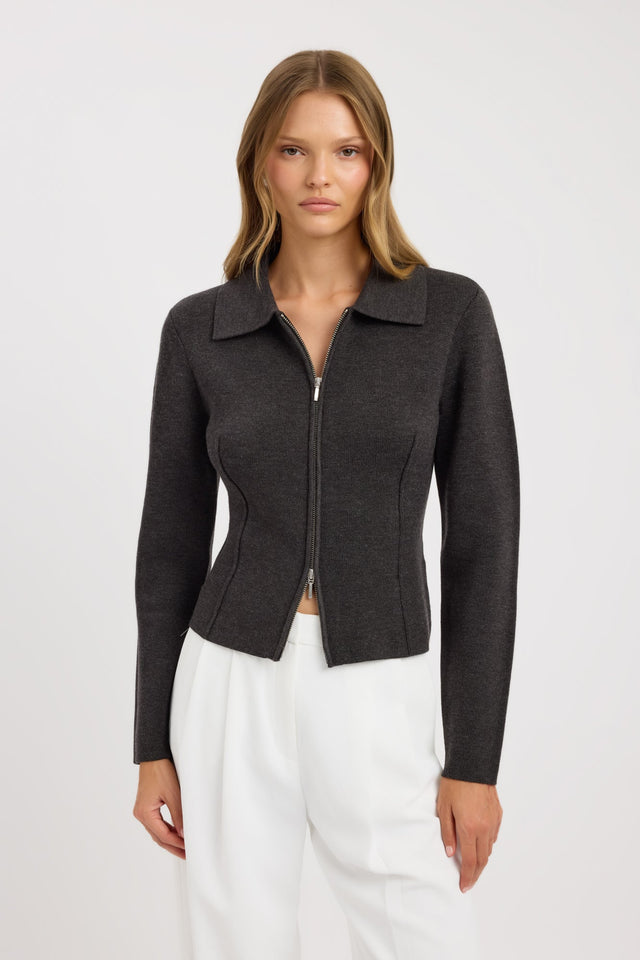 front Ziggy Zip Knit Cardigan Kookai Fitted Highneck Long sleeve Womens-Blouse 