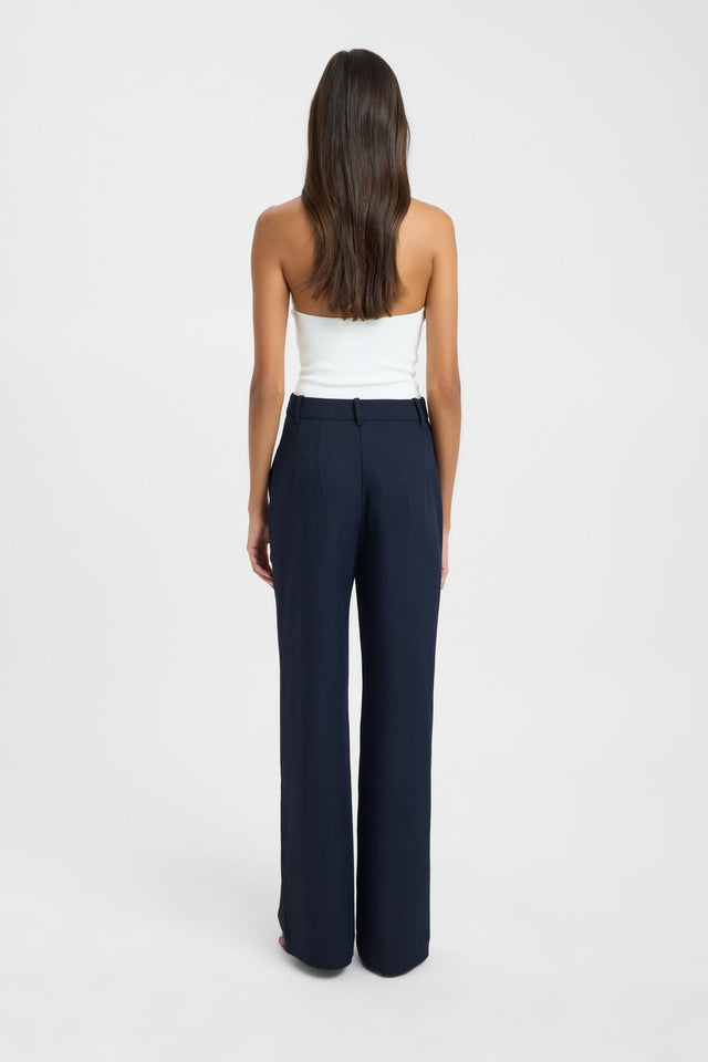 Highlighting the Ariel Straight Leg Pant in womens regular pants with wide-leg design, high-rise waist, and navy colour back