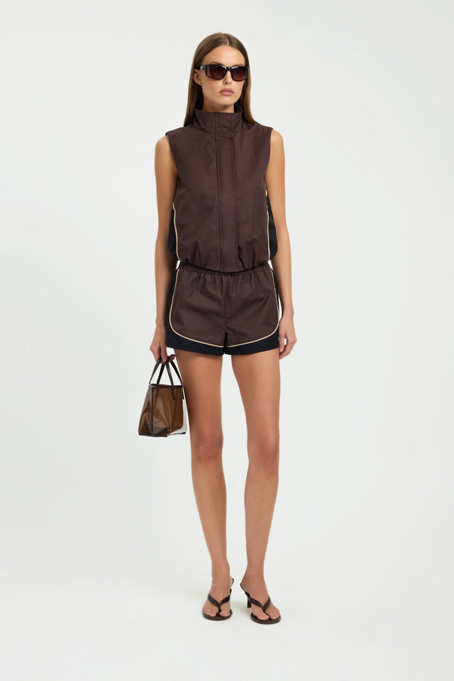 Presenting the Spencer Sport Vest in womens coats and jackets, sleeveless waistcoat with short length in chocolate front
