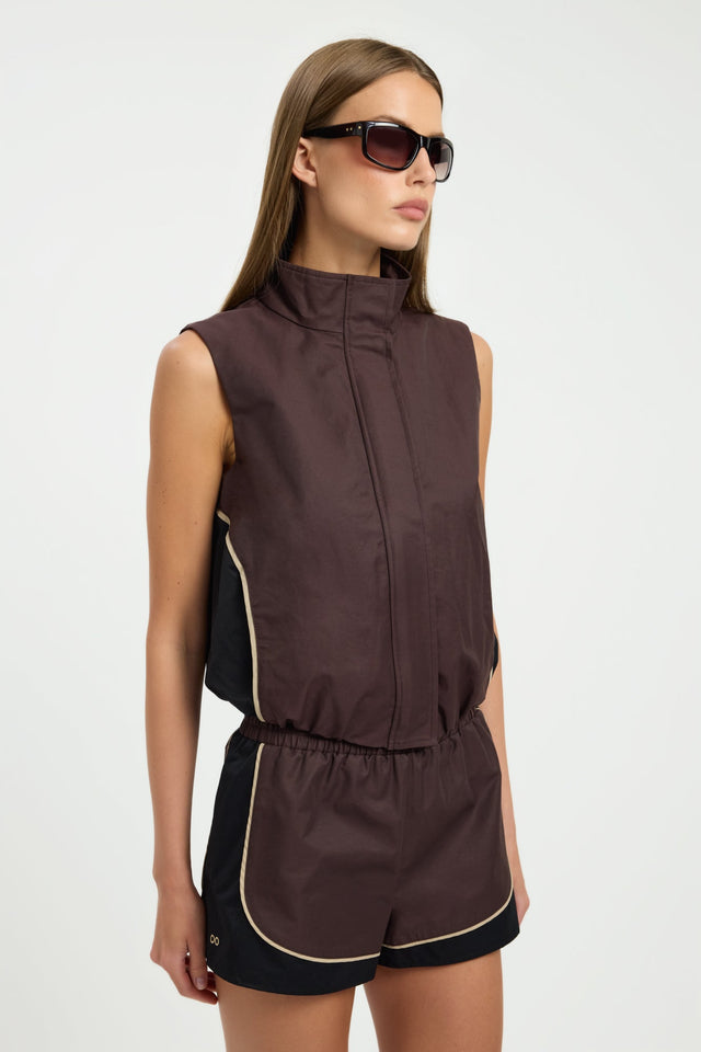 Featuring the Spencer Sport Vest in womens coats and jackets, sleeveless waistcoat with short length in chocolate detail