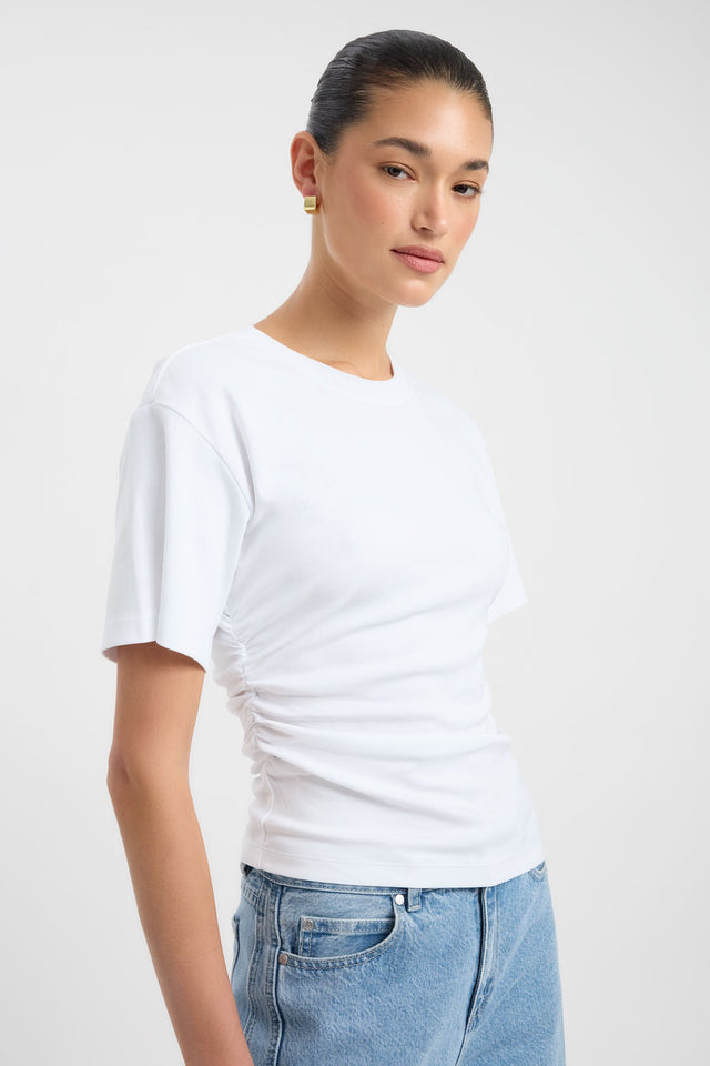 Crafted for style, the Nova Tee womens-blouse in white with fitted round neckline and short sleeves detail
