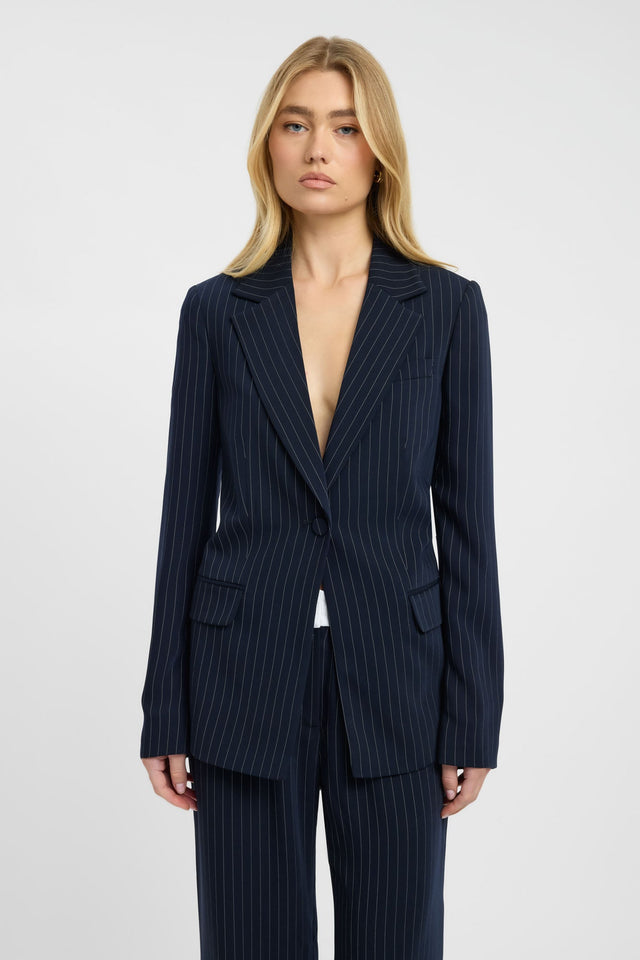 Highlighting the Oslo Cinched Blazer in women's coats and jackets with full sleeves in navy and white detail